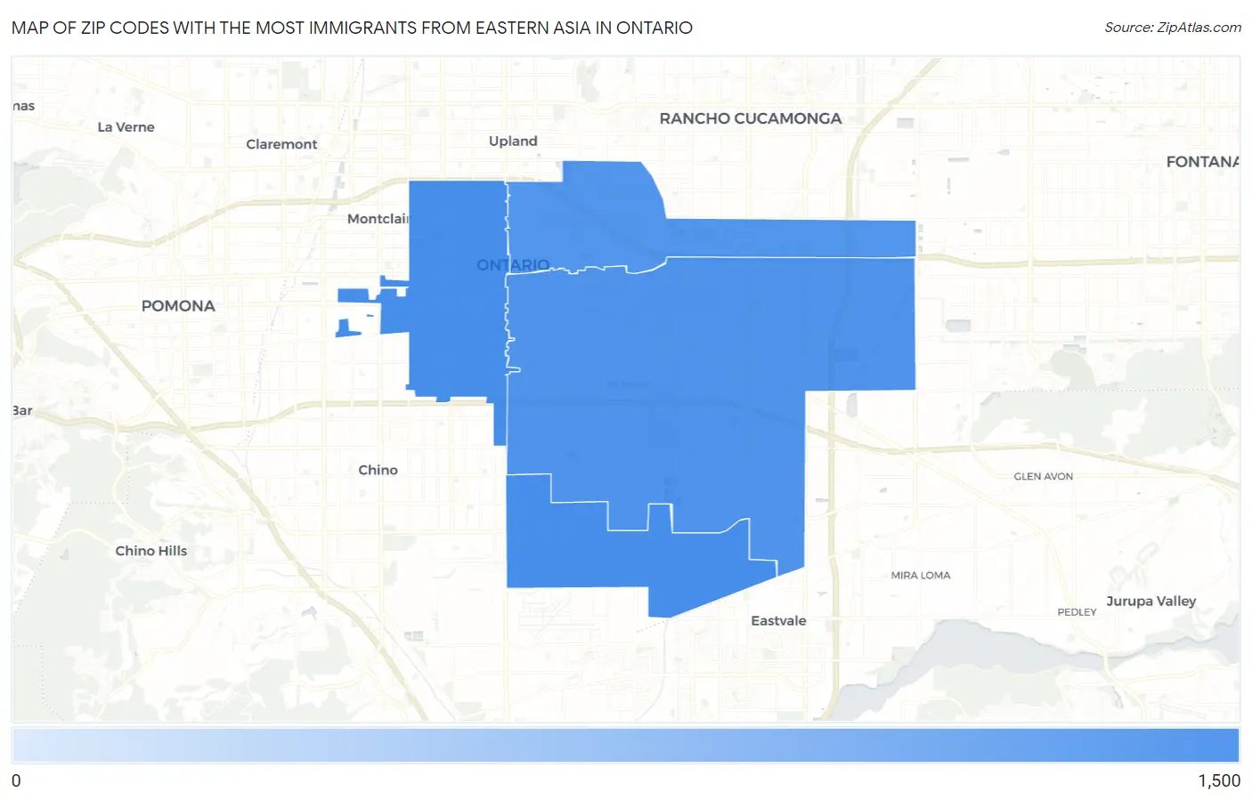 Zip Codes with the Most Immigrants from Eastern Asia in Ontario Map
