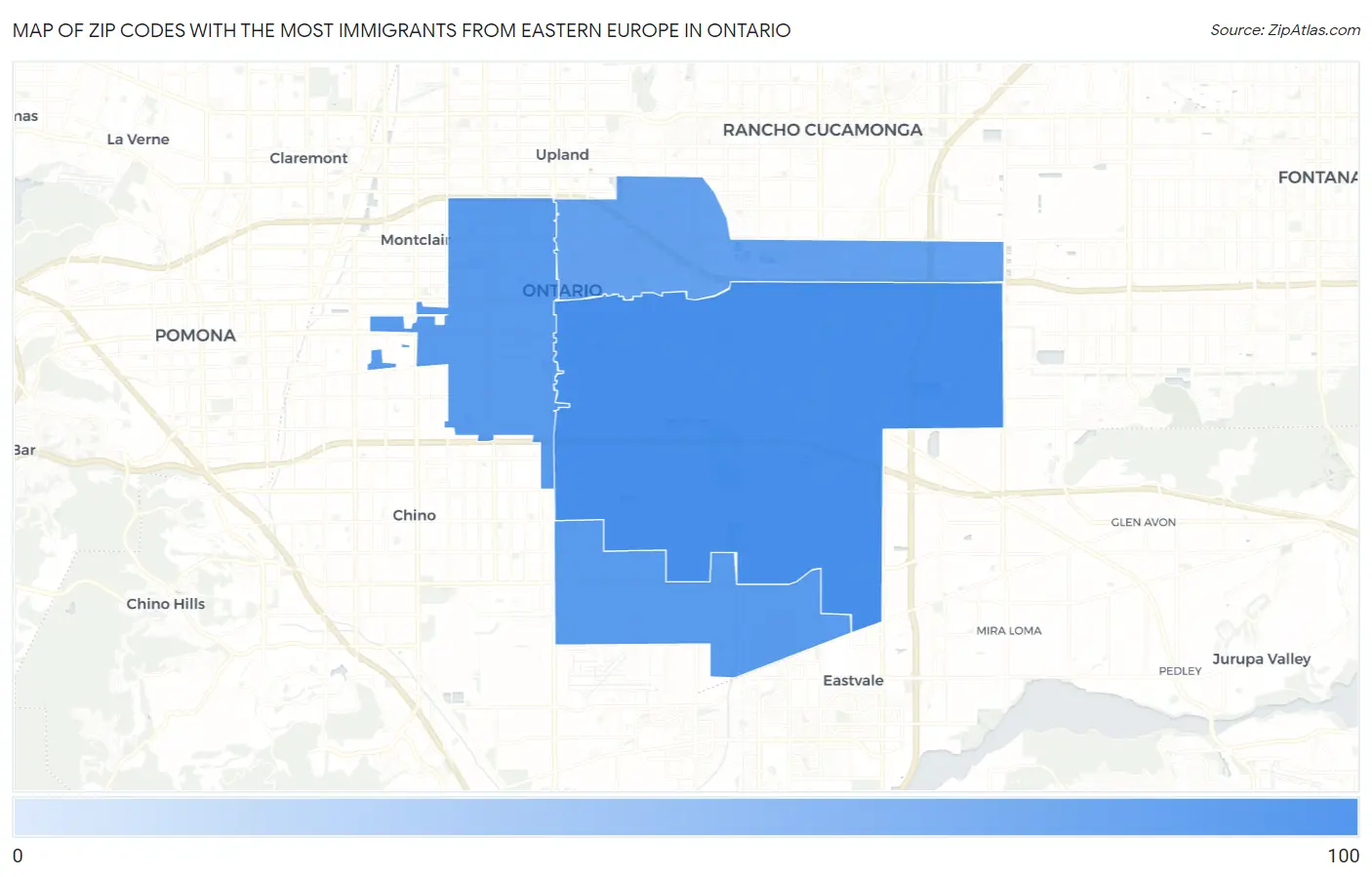 Zip Codes with the Most Immigrants from Eastern Europe in Ontario Map