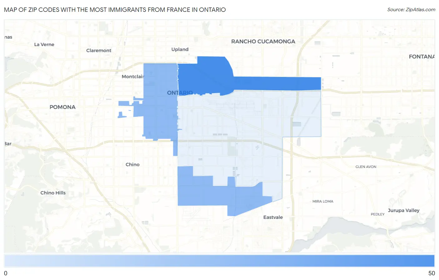 Zip Codes with the Most Immigrants from France in Ontario Map