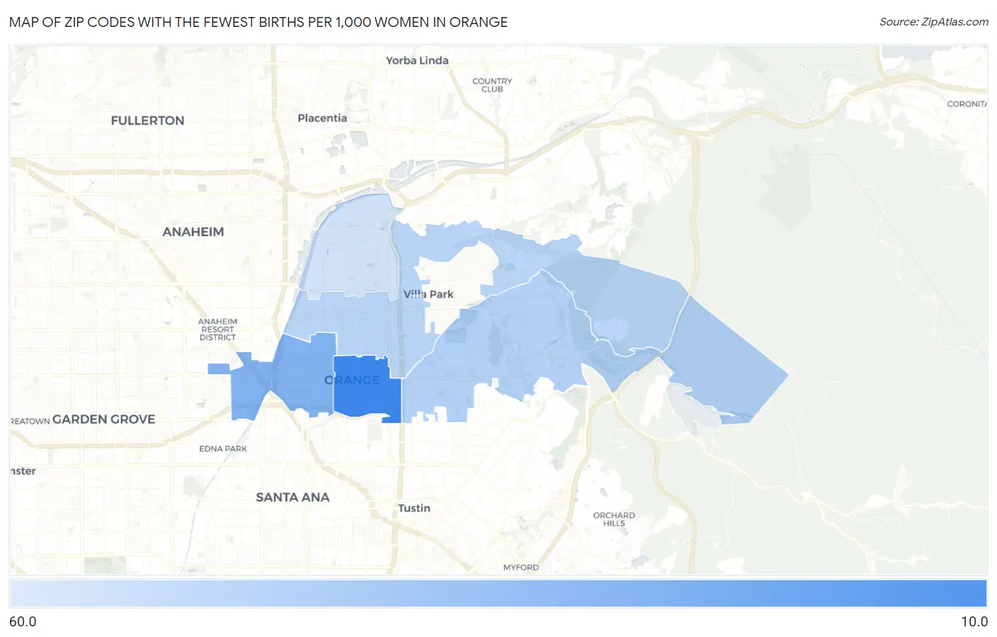 Zip Codes with the Fewest Births per 1,000 Women in Orange Map