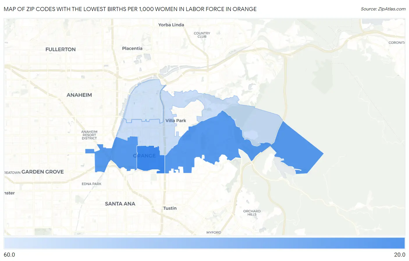 Zip Codes with the Lowest Births per 1,000 Women in Labor Force in Orange Map