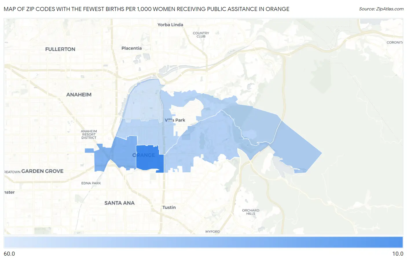 Zip Codes with the Fewest Births per 1,000 Women Receiving Public Assitance in Orange Map