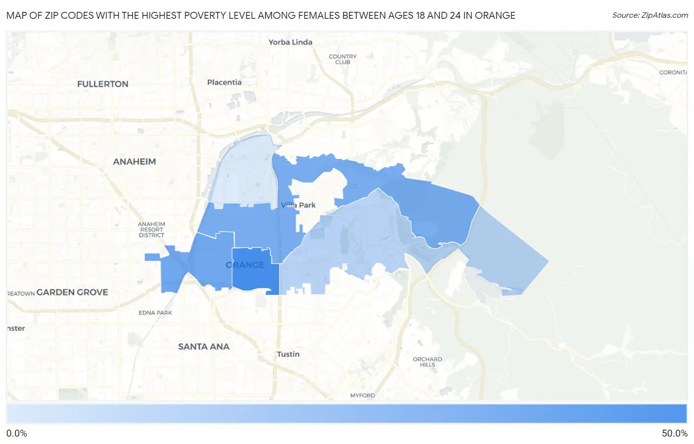 Zip Codes with the Highest Poverty Level Among Females Between Ages 18 and 24 in Orange Map