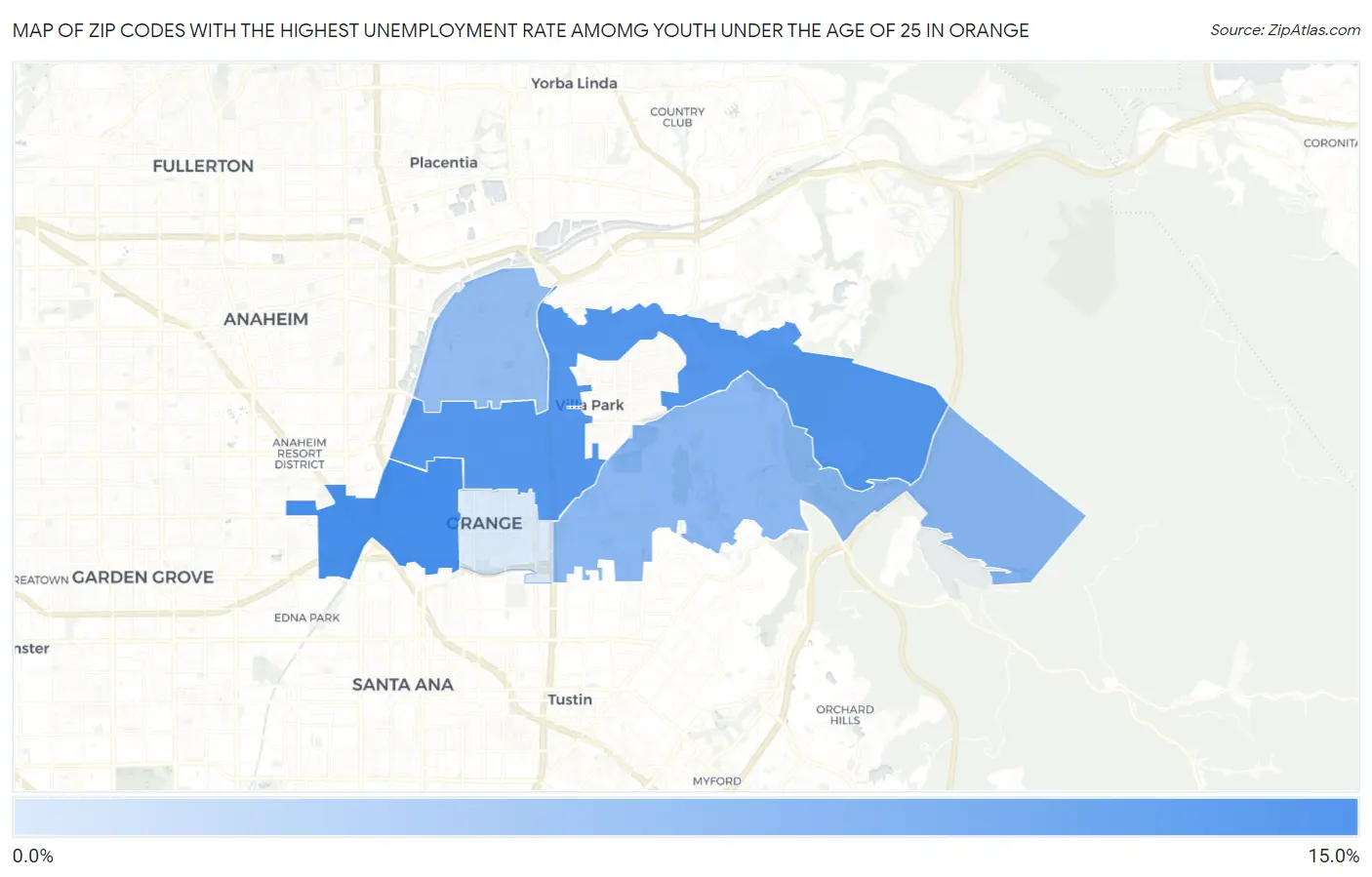 Zip Codes with the Highest Unemployment Rate Amomg Youth Under the Age of 25 in Orange Map