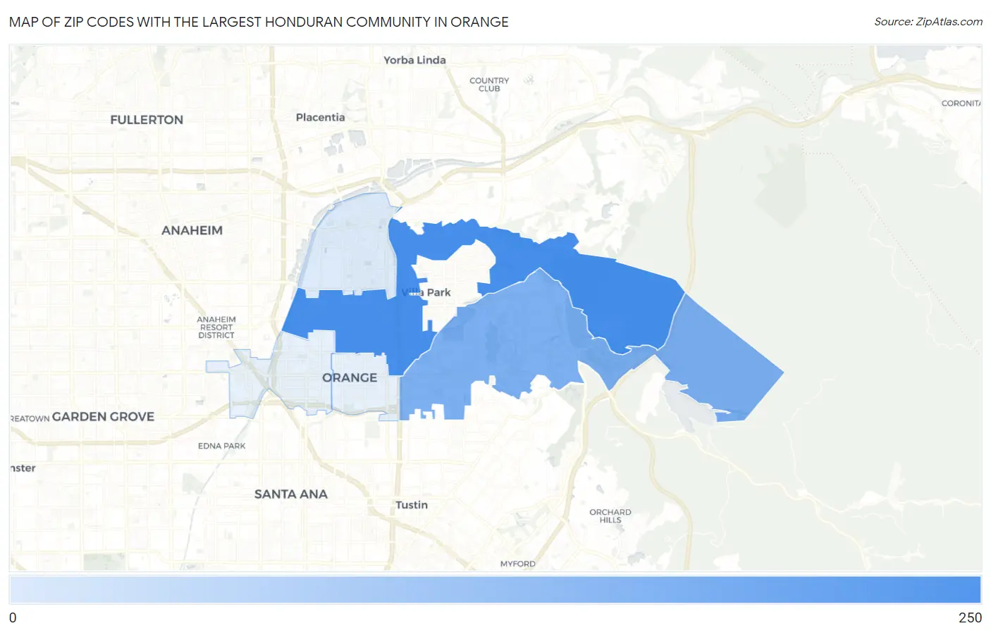 Zip Codes with the Largest Honduran Community in Orange Map