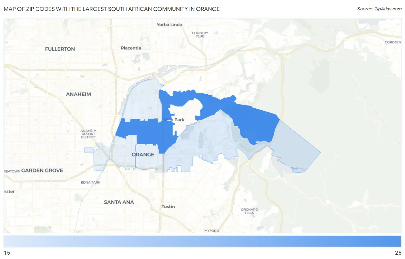 Zip Codes with the Largest South African Community in Orange Map