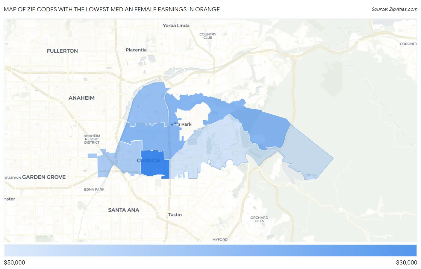 Zip Codes with the Lowest Median Female Earnings in Orange Map