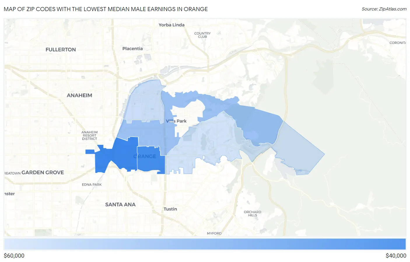 Zip Codes with the Lowest Median Male Earnings in Orange Map