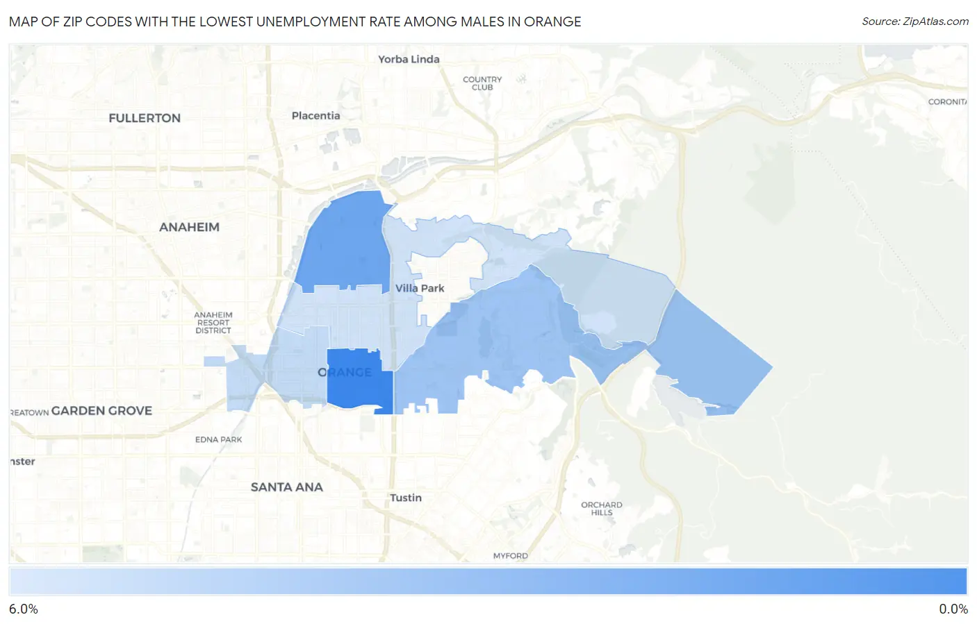 Zip Codes with the Lowest Unemployment Rate Among Males in Orange Map