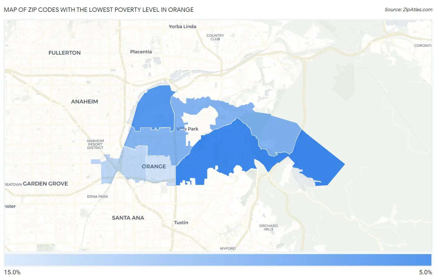 Zip Codes with the Lowest Poverty Level in Orange Map