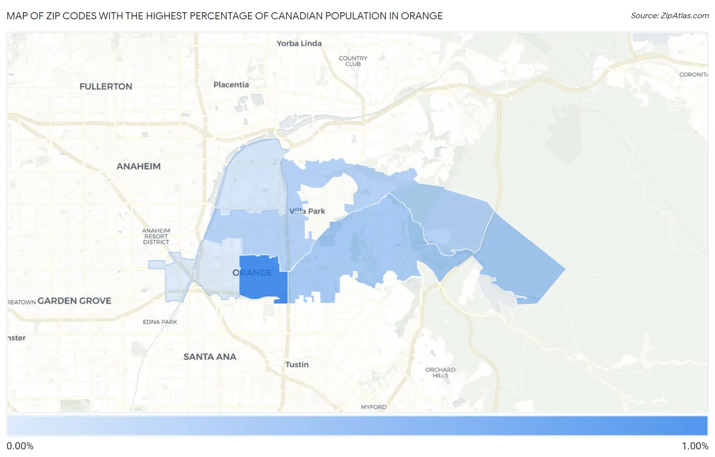 Zip Codes with the Highest Percentage of Canadian Population in Orange Map