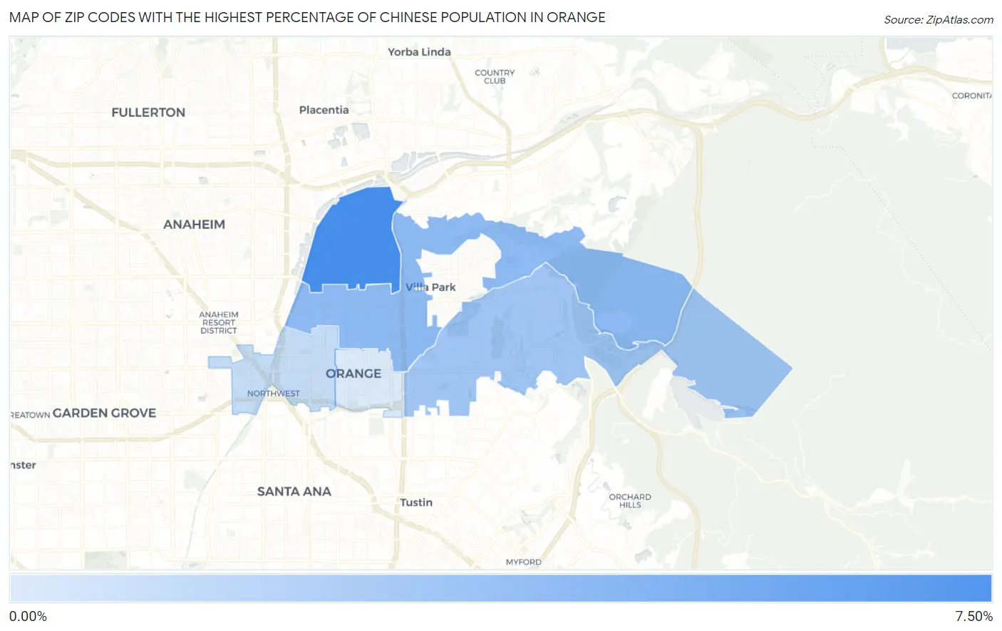 Zip Codes with the Highest Percentage of Chinese Population in Orange Map
