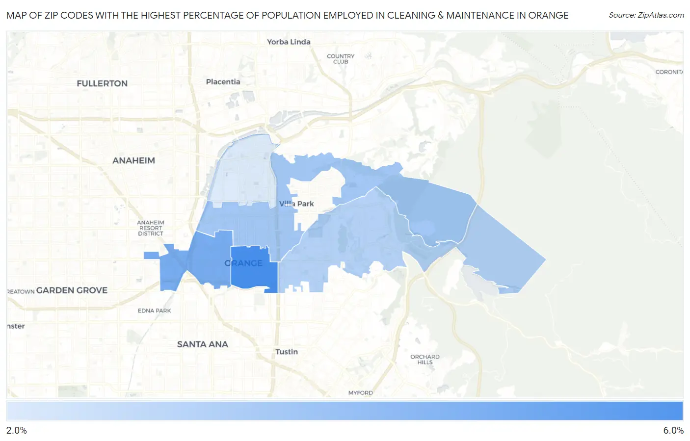 Zip Codes with the Highest Percentage of Population Employed in Cleaning & Maintenance in Orange Map