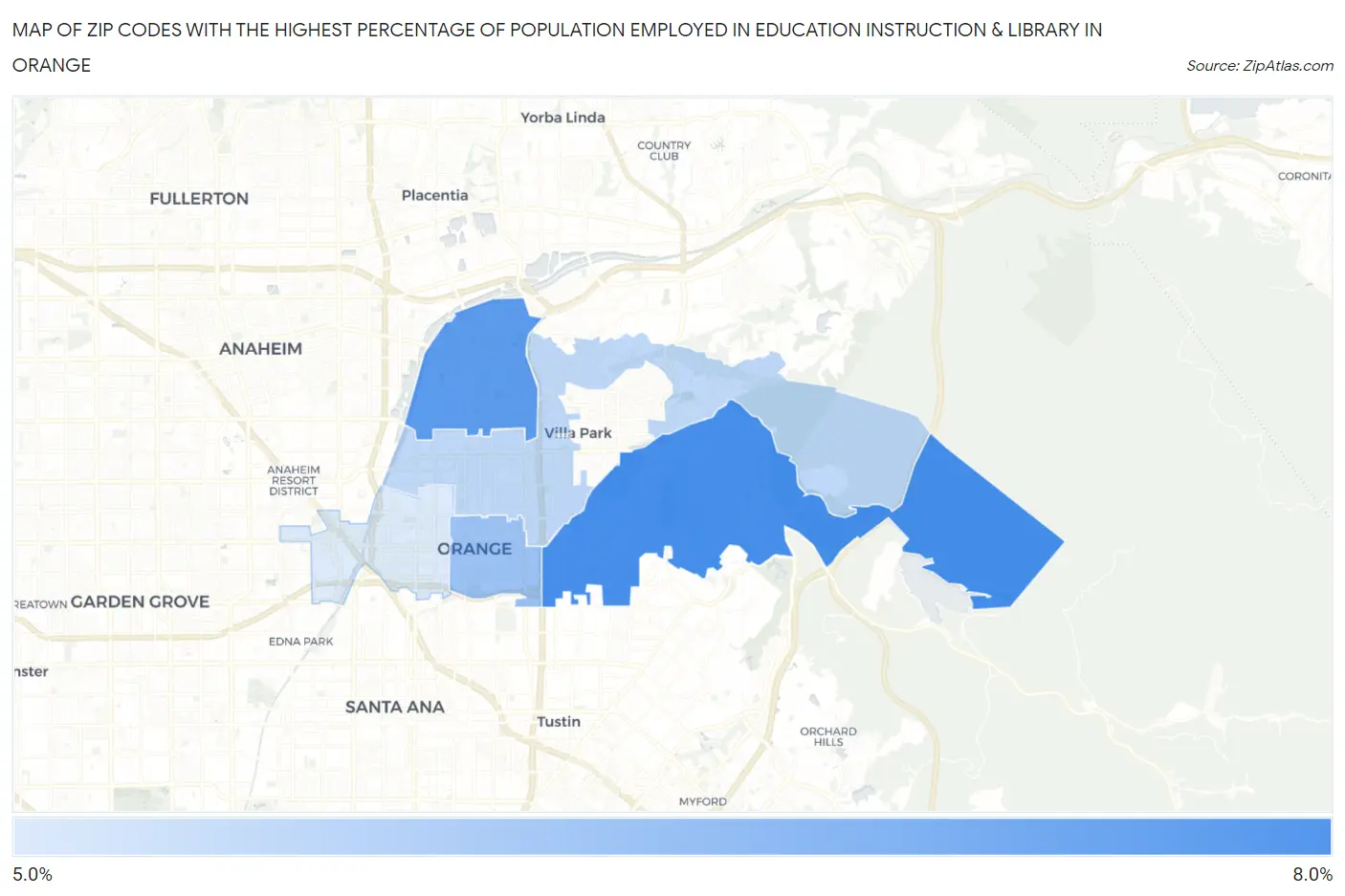 Zip Codes with the Highest Percentage of Population Employed in Education Instruction & Library in Orange Map