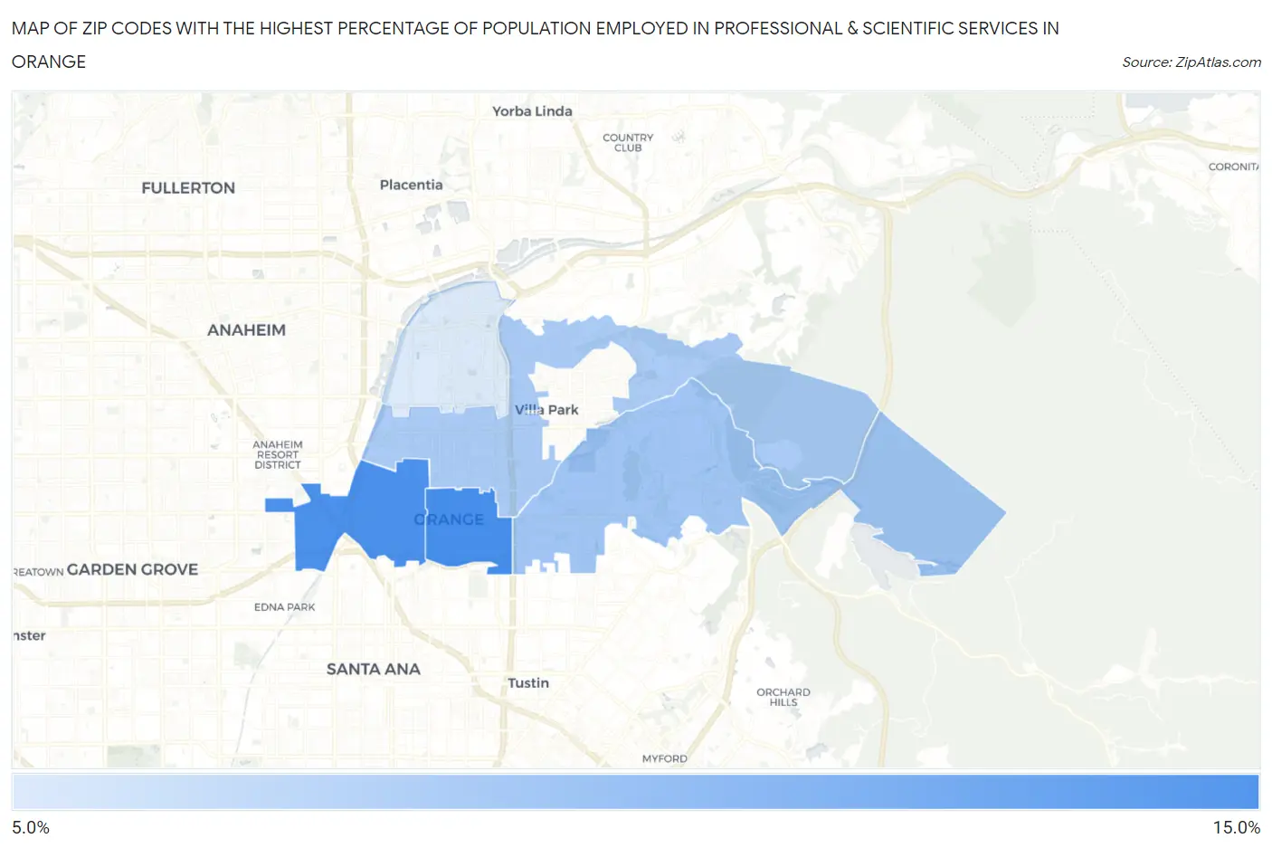 Zip Codes with the Highest Percentage of Population Employed in Professional & Scientific Services in Orange Map