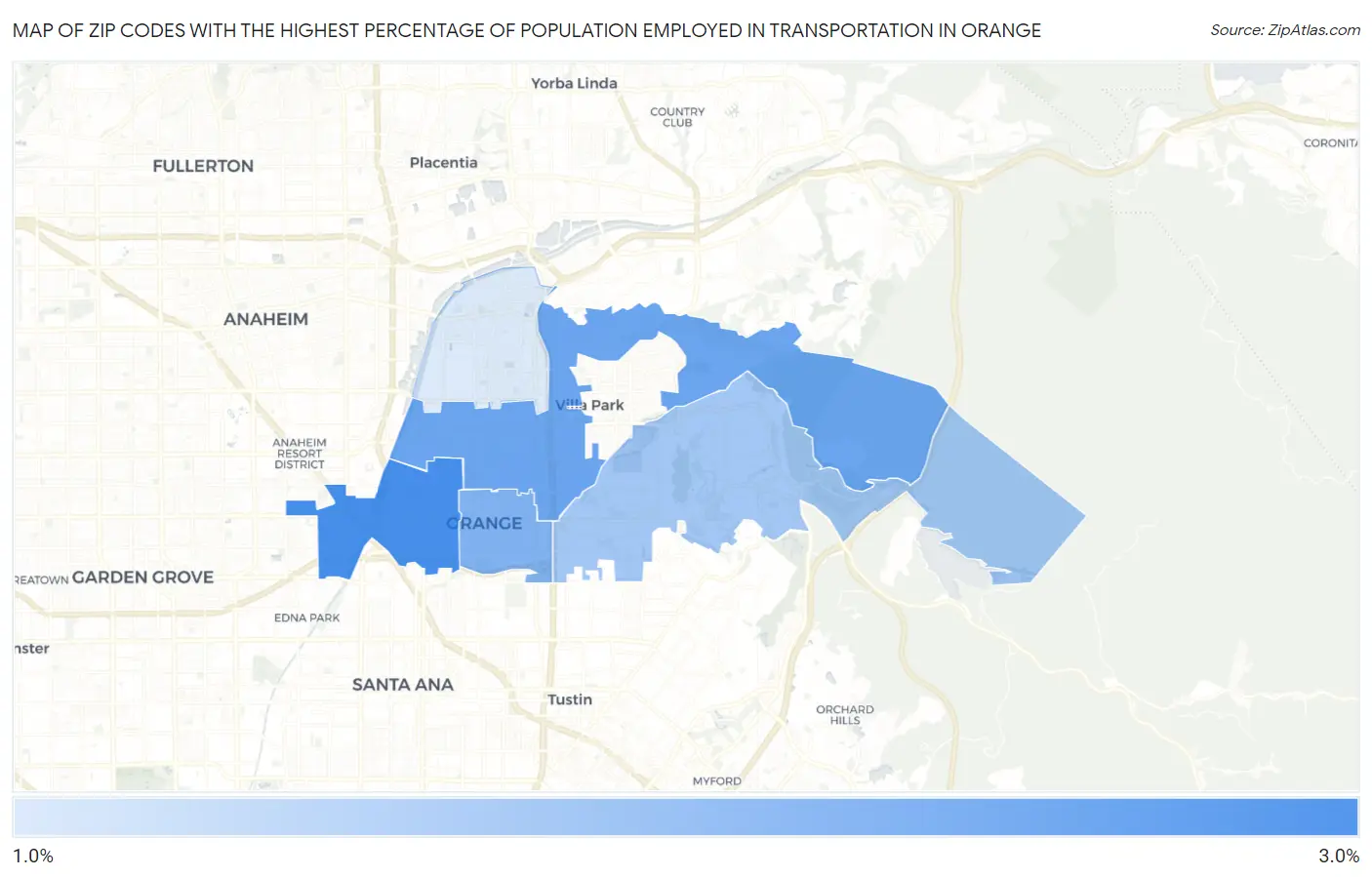 Zip Codes with the Highest Percentage of Population Employed in Transportation in Orange Map