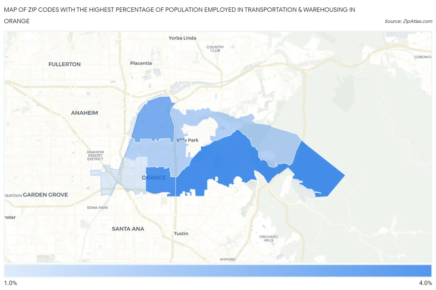 Zip Codes with the Highest Percentage of Population Employed in Transportation & Warehousing in Orange Map