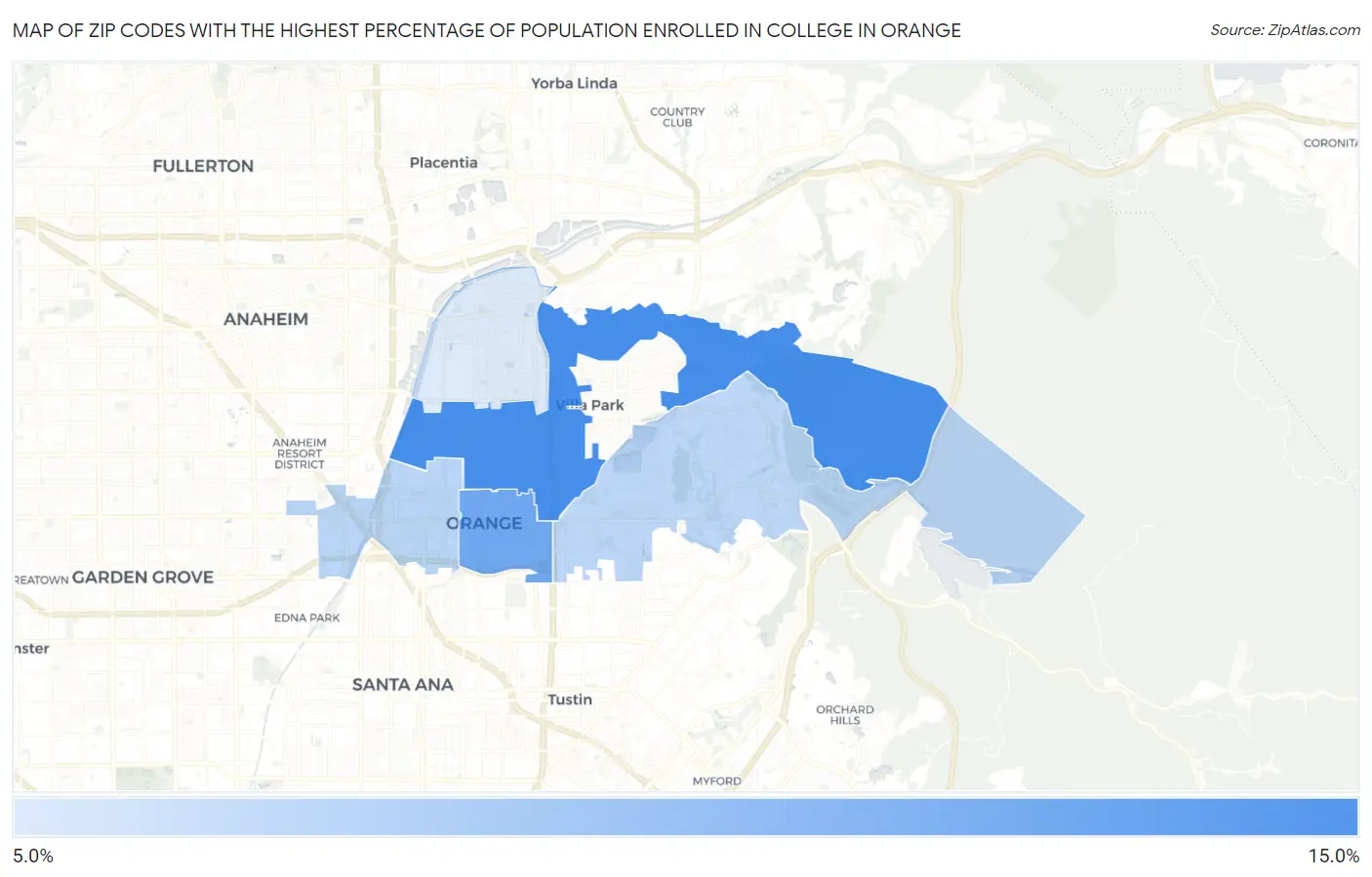 Zip Codes with the Highest Percentage of Population Enrolled in College in Orange Map