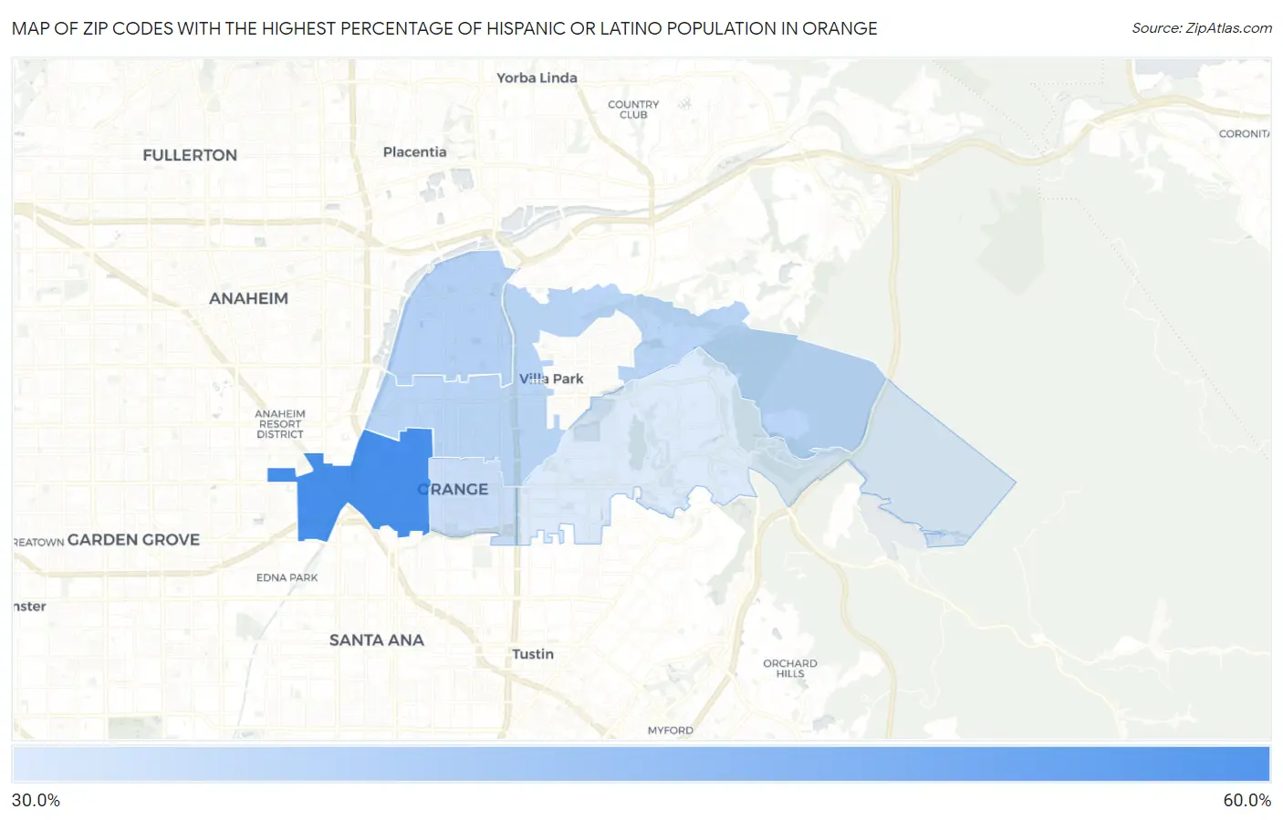 Zip Codes with the Highest Percentage of Hispanic or Latino Population in Orange Map