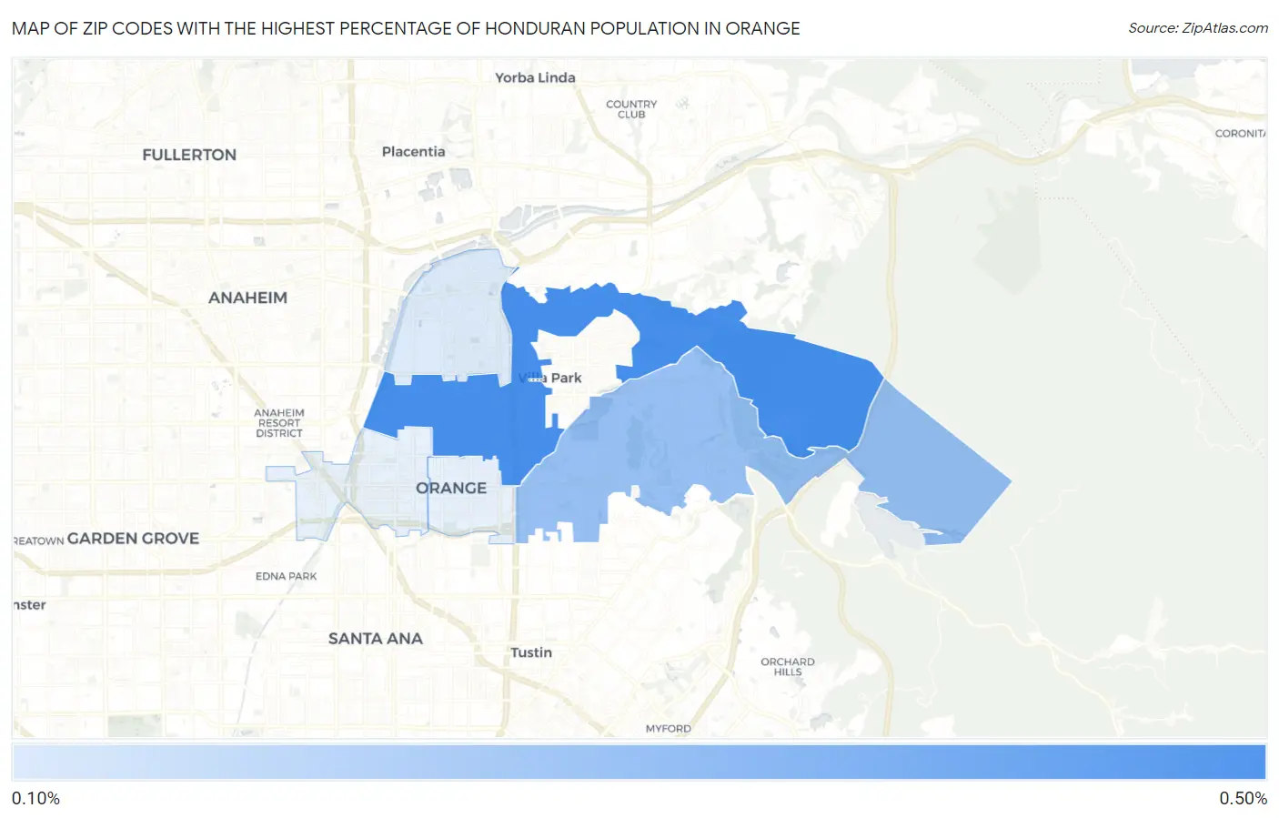 Zip Codes with the Highest Percentage of Honduran Population in Orange Map