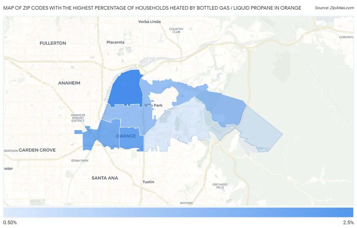 Zip Codes with the Highest Percentage of Households Heated by Bottled Gas / Liquid Propane in Orange Map