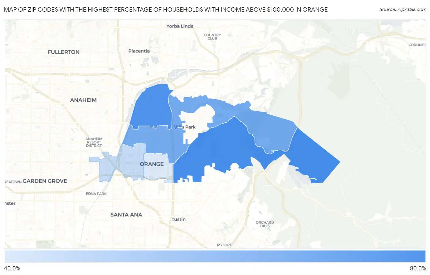 Zip Codes with the Highest Percentage of Households with Income Above $100,000 in Orange Map