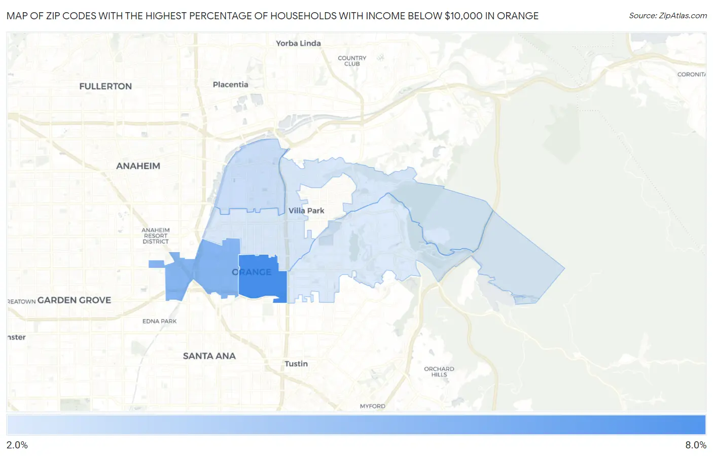 Zip Codes with the Highest Percentage of Households with Income Below $10,000 in Orange Map