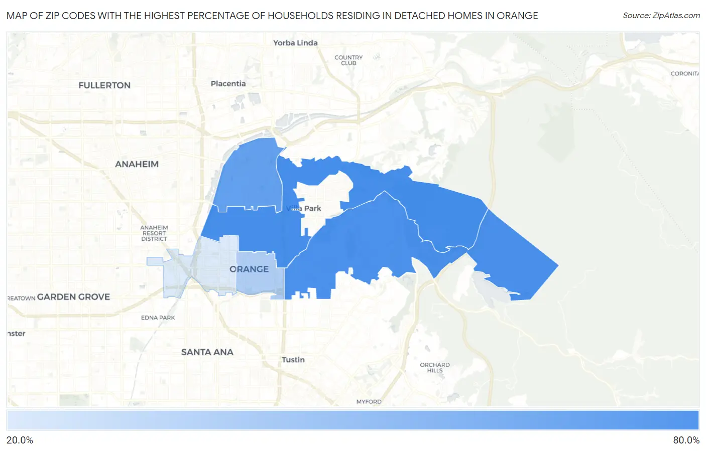 Zip Codes with the Highest Percentage of Households Residing in Detached Homes in Orange Map