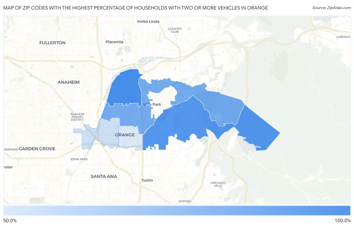 Zip Codes with the Highest Percentage of Households With Two or more Vehicles in Orange Map