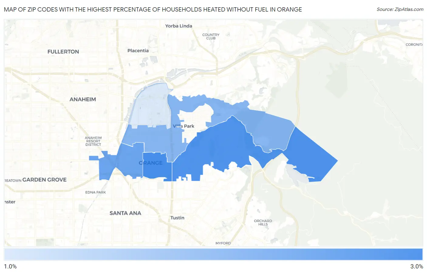 Zip Codes with the Highest Percentage of Households Heated without Fuel in Orange Map