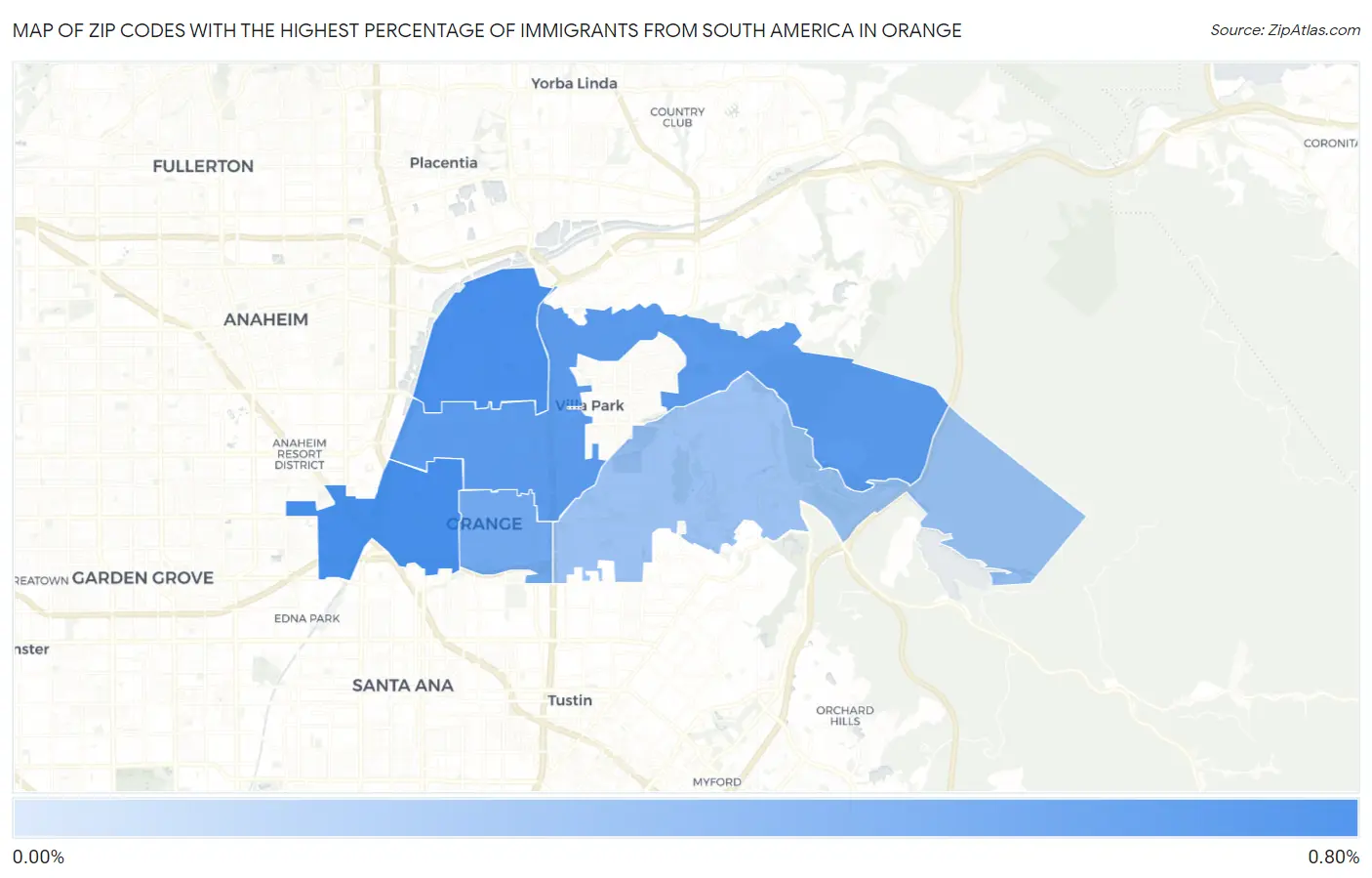 Zip Codes with the Highest Percentage of Immigrants from South America in Orange Map