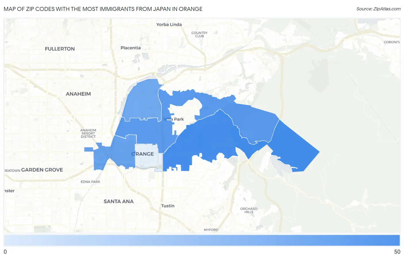 Zip Codes with the Most Immigrants from Japan in Orange Map