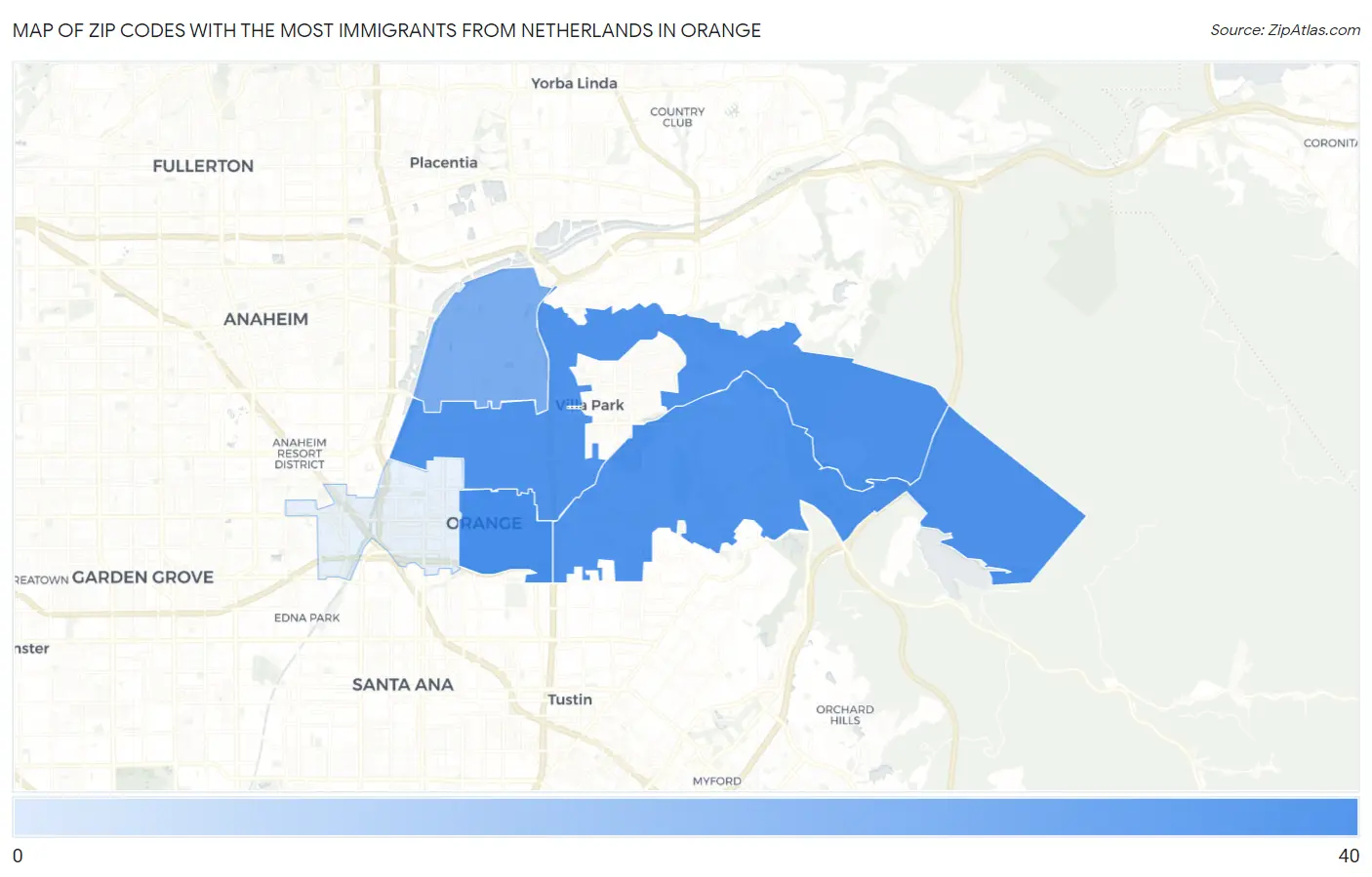 Zip Codes with the Most Immigrants from Netherlands in Orange Map