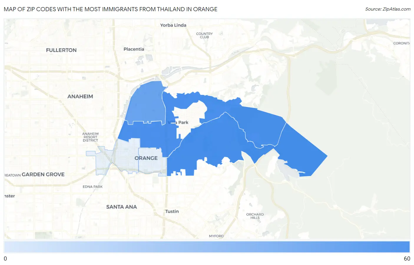 Zip Codes with the Most Immigrants from Thailand in Orange Map