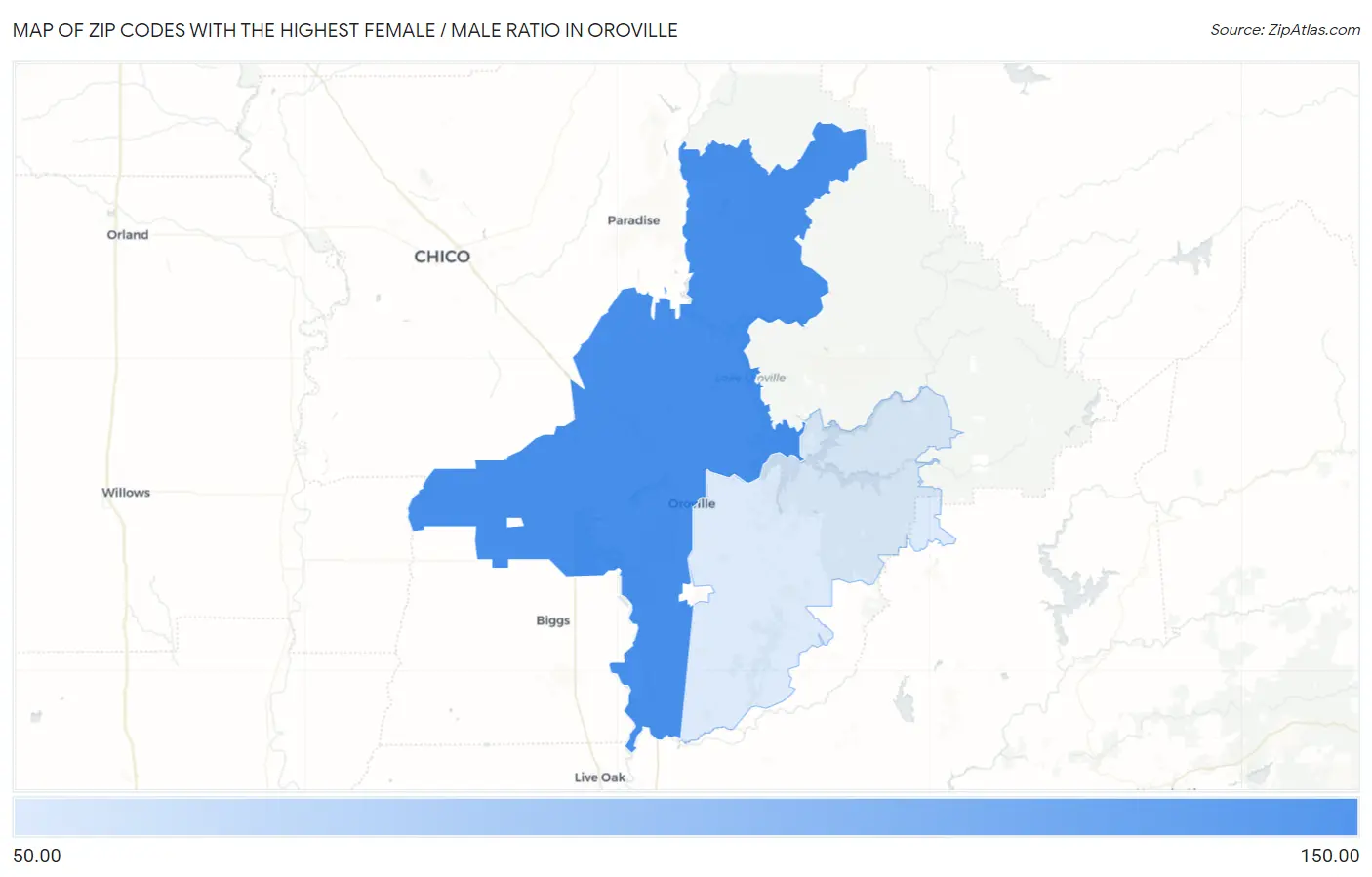 Zip Codes with the Highest Female / Male Ratio in Oroville Map