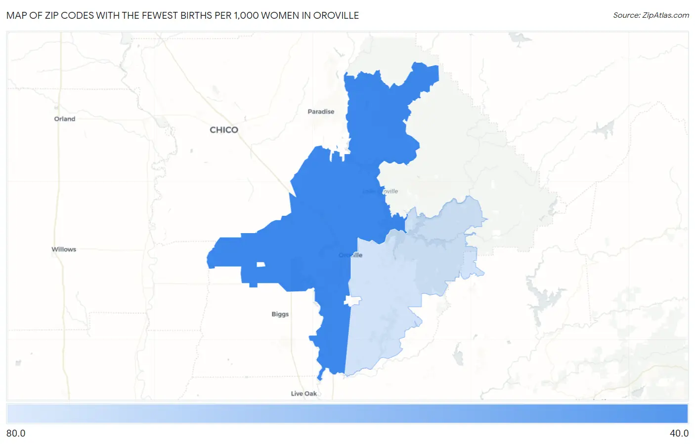 Zip Codes with the Fewest Births per 1,000 Women in Oroville Map