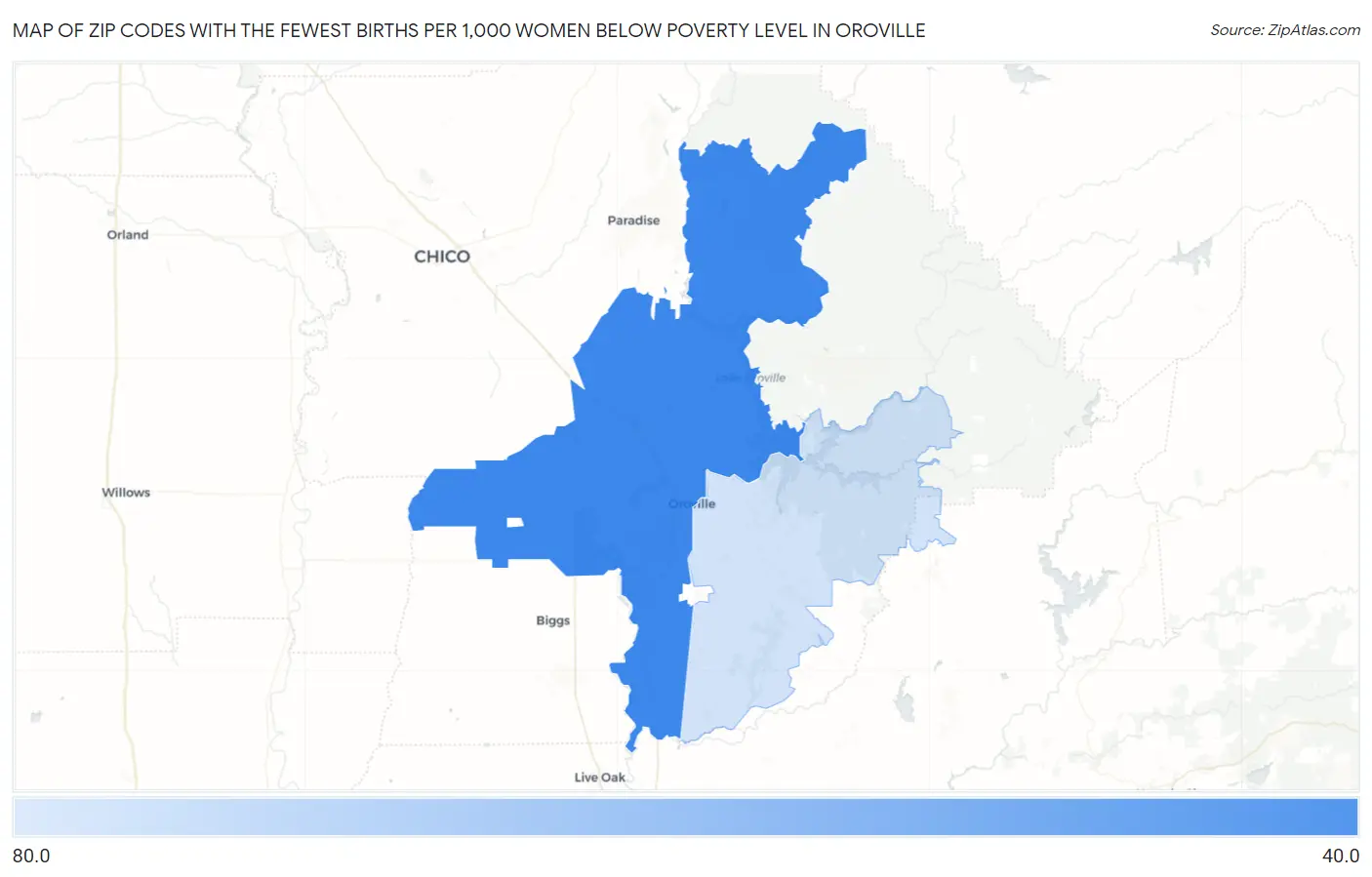 Zip Codes with the Fewest Births per 1,000 Women Below Poverty Level in Oroville Map
