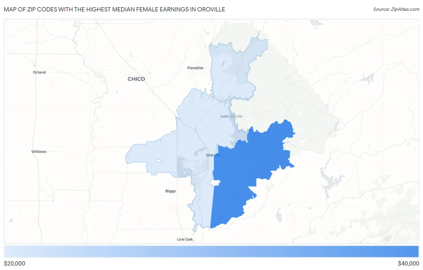 Zip Codes with the Highest Median Female Earnings in Oroville Map