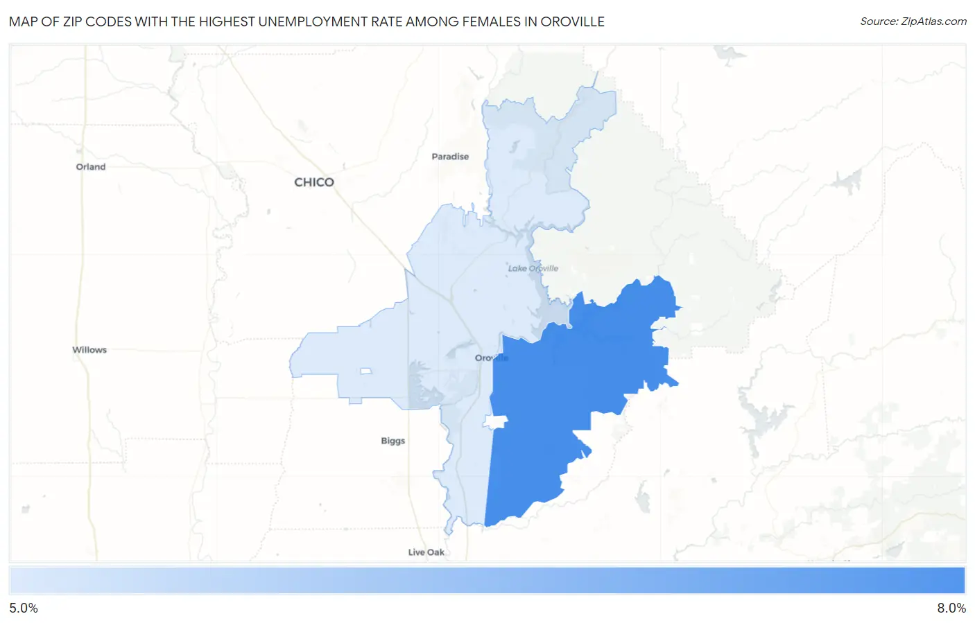 Zip Codes with the Highest Unemployment Rate Among Females in Oroville Map