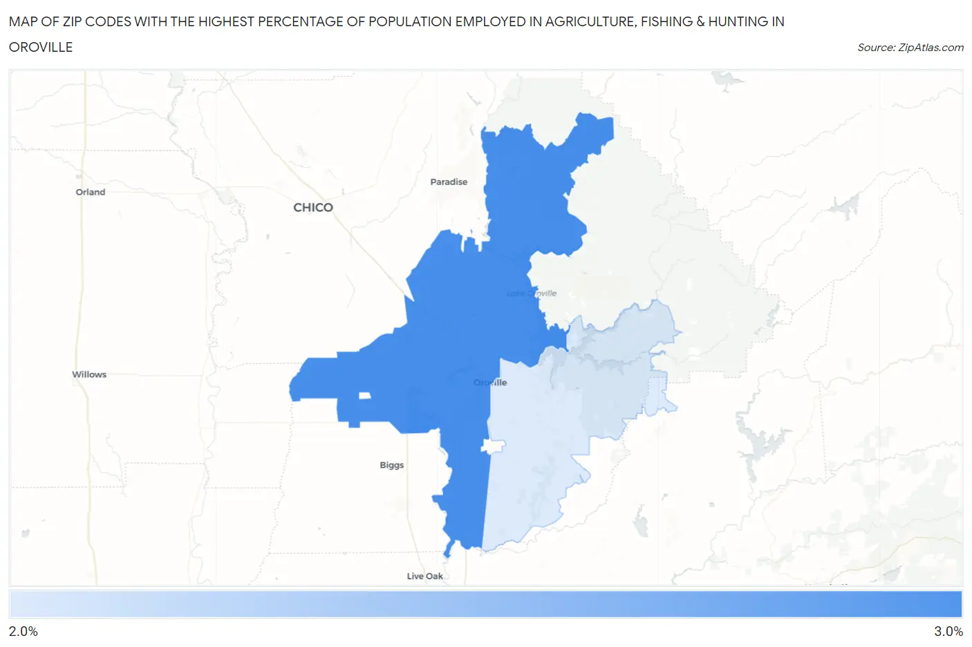 Zip Codes with the Highest Percentage of Population Employed in Agriculture, Fishing & Hunting in Oroville Map