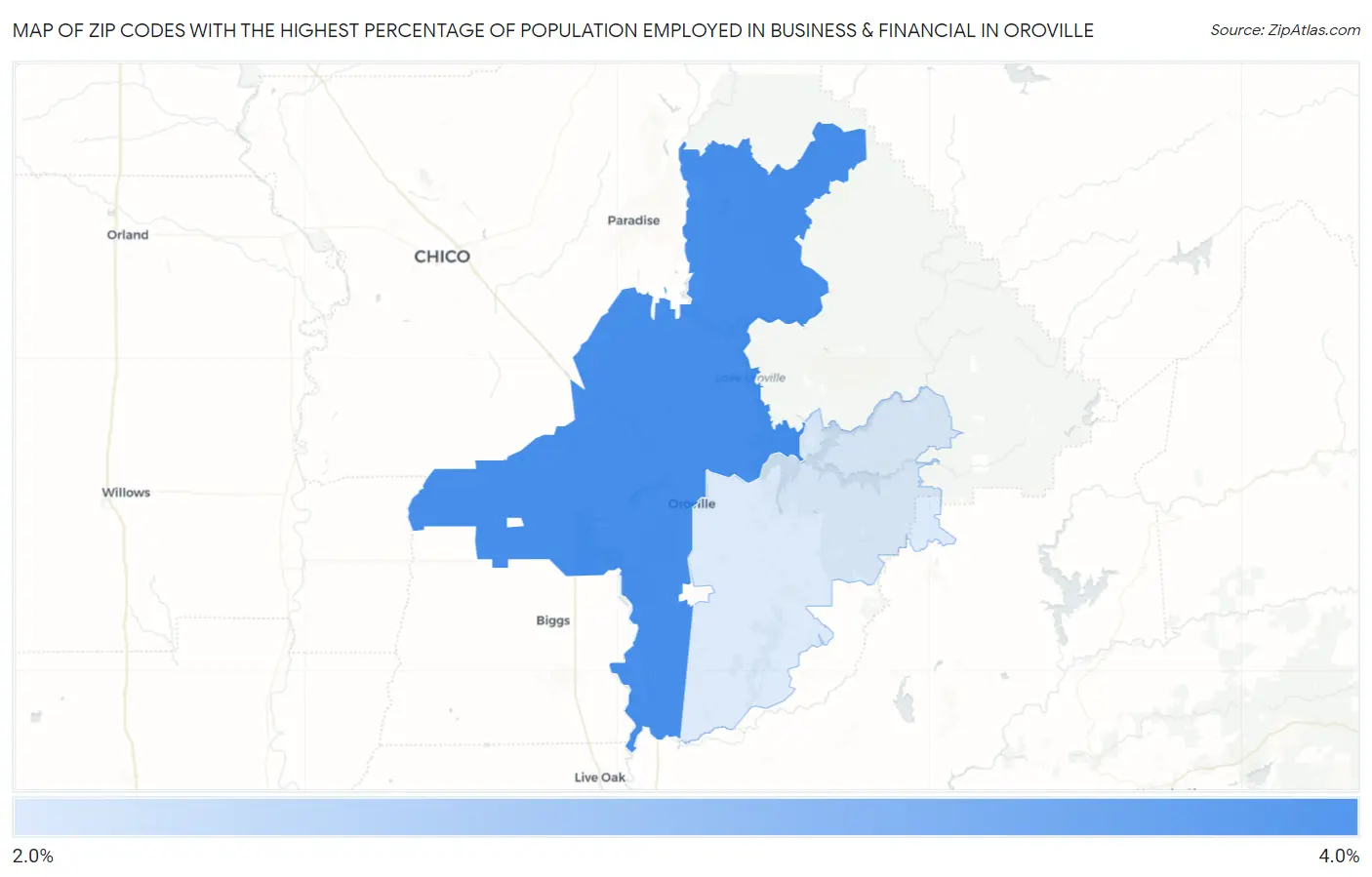 Zip Codes with the Highest Percentage of Population Employed in Business & Financial in Oroville Map