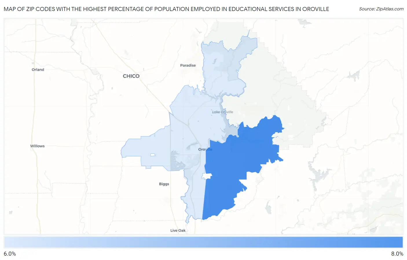 Zip Codes with the Highest Percentage of Population Employed in Educational Services in Oroville Map