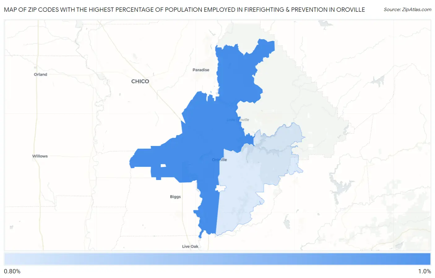 Zip Codes with the Highest Percentage of Population Employed in Firefighting & Prevention in Oroville Map