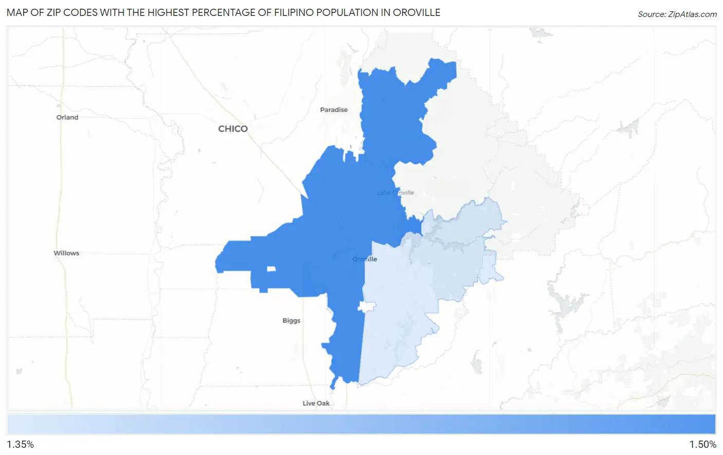 Zip Codes with the Highest Percentage of Filipino Population in Oroville Map