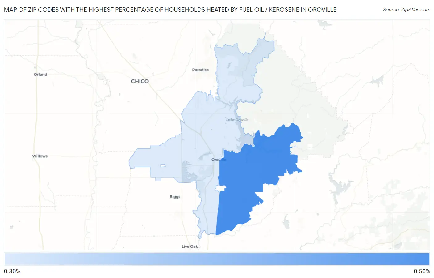 Zip Codes with the Highest Percentage of Households Heated by Fuel Oil / Kerosene in Oroville Map