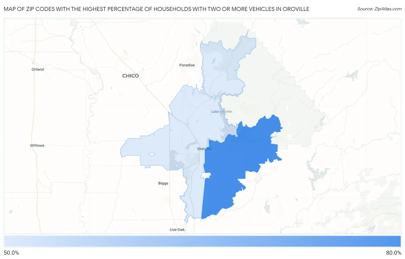 Zip Codes with the Highest Percentage of Households With Two or more Vehicles in Oroville Map