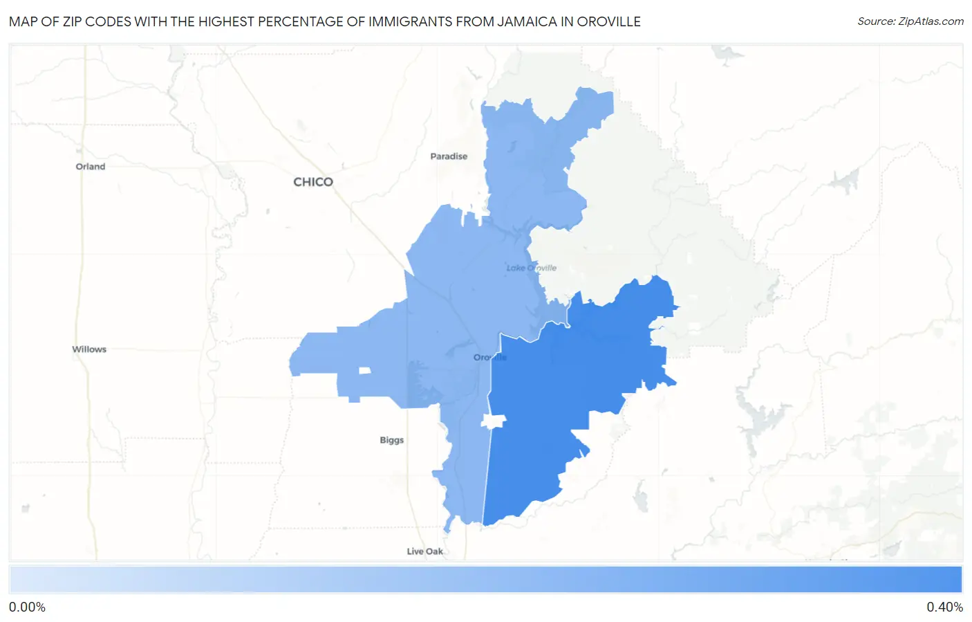 Zip Codes with the Highest Percentage of Immigrants from Jamaica in Oroville Map