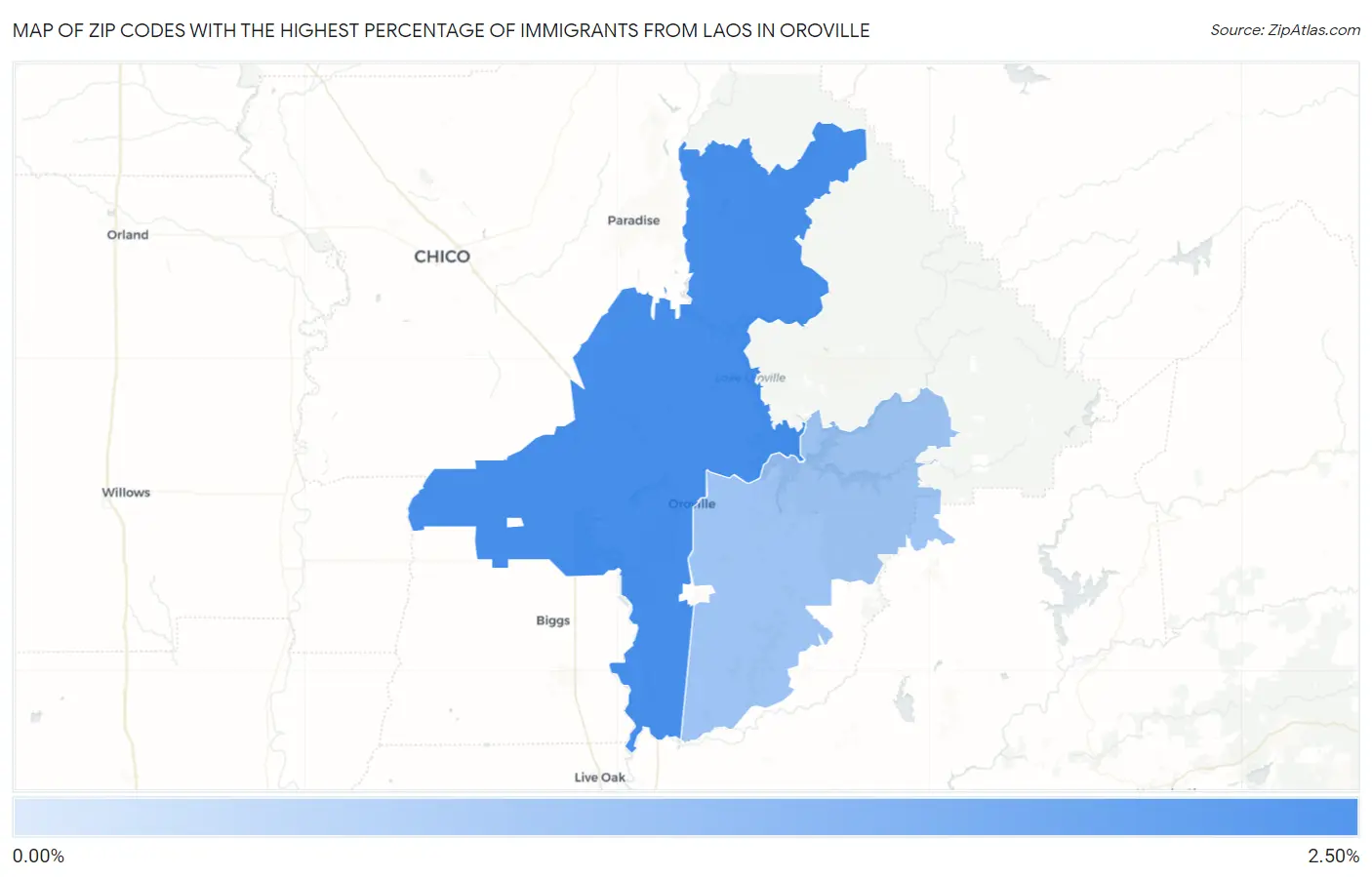 Zip Codes with the Highest Percentage of Immigrants from Laos in Oroville Map
