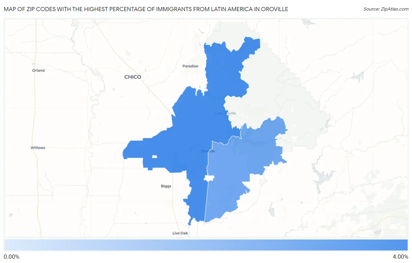 Zip Codes with the Highest Percentage of Immigrants from Latin America in Oroville Map