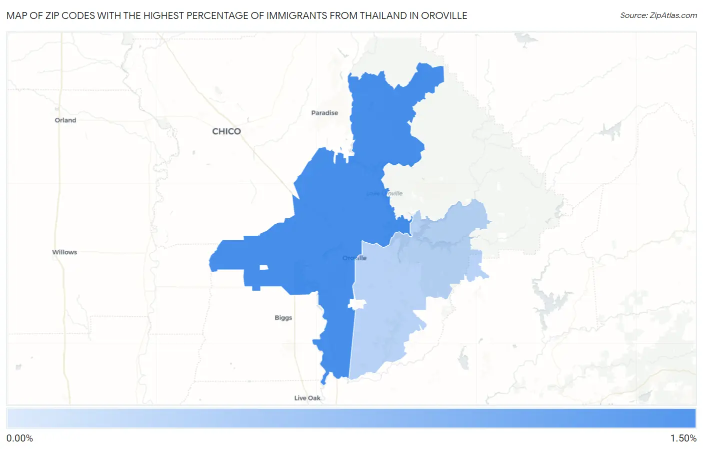 Zip Codes with the Highest Percentage of Immigrants from Thailand in Oroville Map